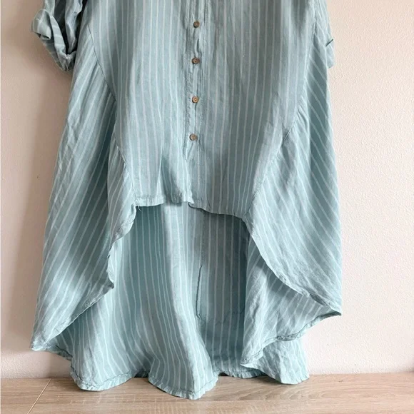 Meo Meli Light Blue Striped 100%  Linen Hi Low Button Down Dress OS - Picture 6 of 8